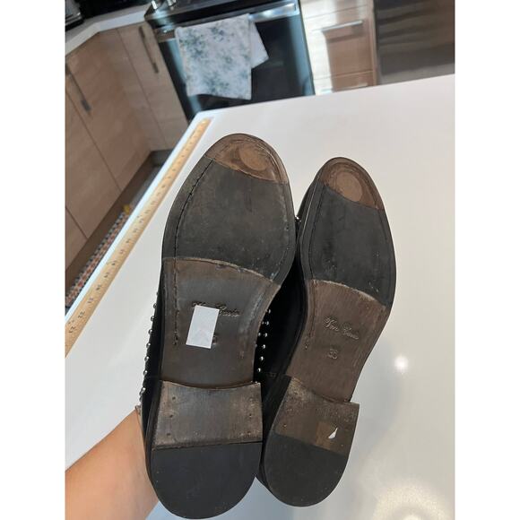 BOEMOS Black Silver Leather Studded Fringe Wingtip Slip On Loafers Size 36 - Picture 13 of 13